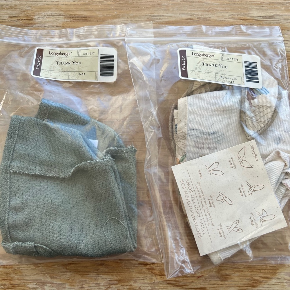 NWT Longaberger Thank You Basket Fabric Liner Set of 2- Sage & Botanical Fields